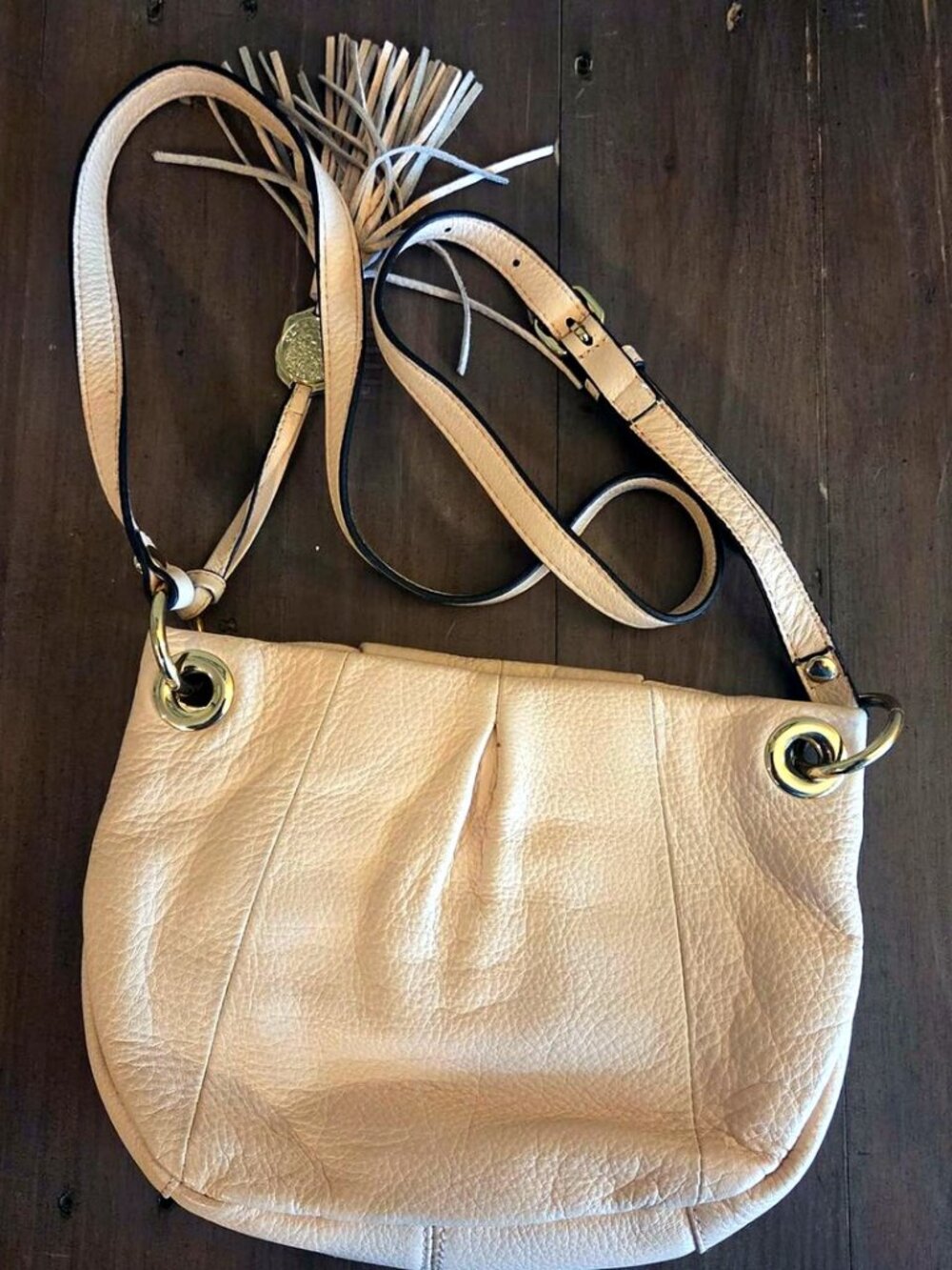 Vince Camuto Leather Crossbody Bag Beige Taupe Tassel Top Zip Gold Hardware
